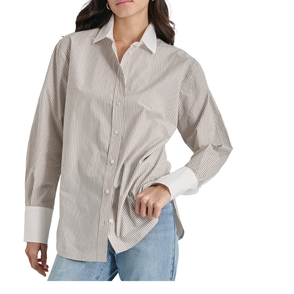 DKNY Striped Button-Down Shirt with White Collar & Cuffs
